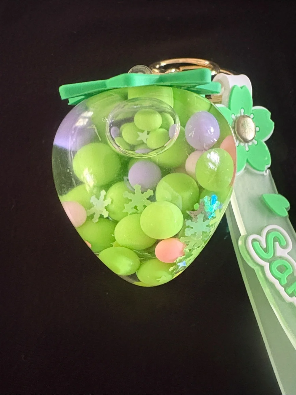 Green Strawberry Water Bead Glitter Filled Bag Charm Keychain
